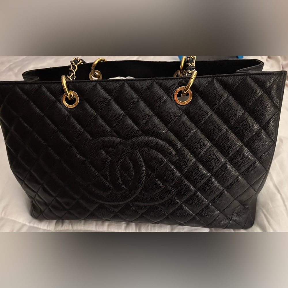 Authentic CHANEL GST Jumbo Black and Gold Caviar Leather Handbag
